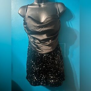 Fashion Nova Black Satin & Sequin Romper – Size S